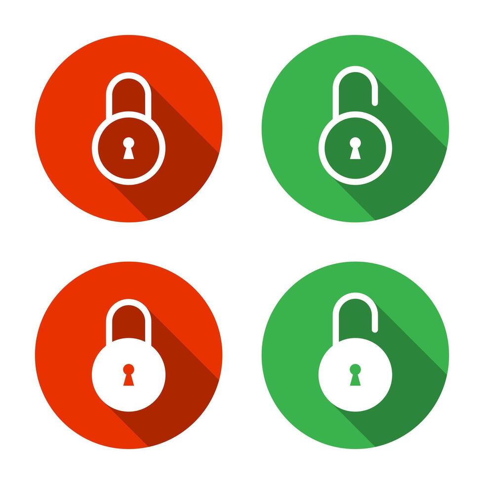 Lock and unlock padlock icon set with long shadow. Security padlock, privacy protection sign symbol vector