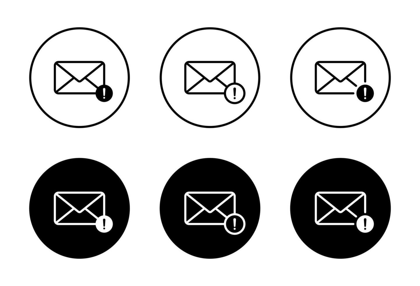Warning message notification icon on black circle. Email envelope with exclamation mark sign symbol vector