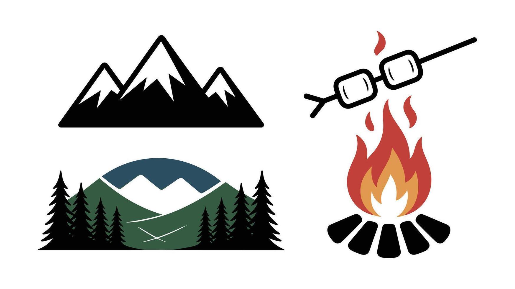 Flat Camping Set with Mountain Landscape, Campfire, Marshmallows, and Forest Scene vector