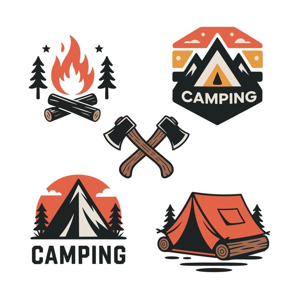 Camping Adventure Pack with Tent, Campfire, Mountain Badge, and Axe Icons vector