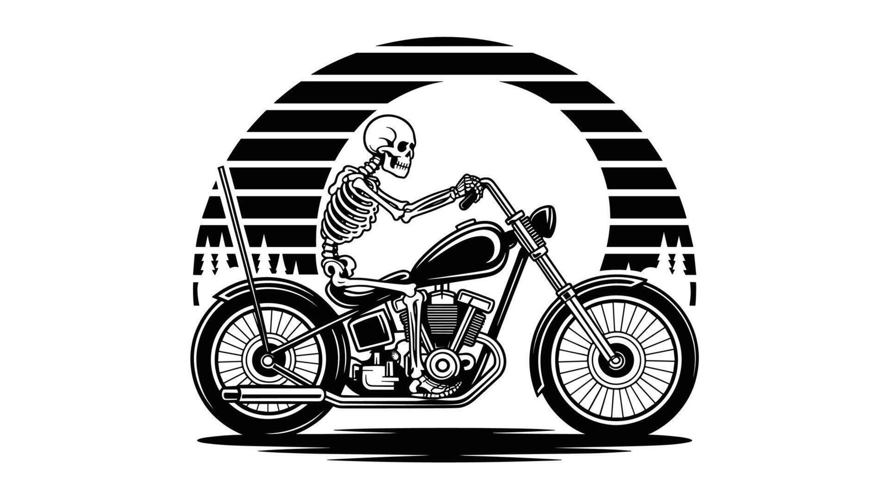 Skeleton Biker on Chopper Motorcycle with Retro Striped Background Illustration vector