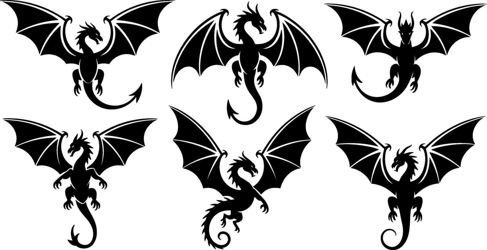 Flying Dragon Silhouette Set with Symmetrical Fantasy Creatures and Spread Wings vector