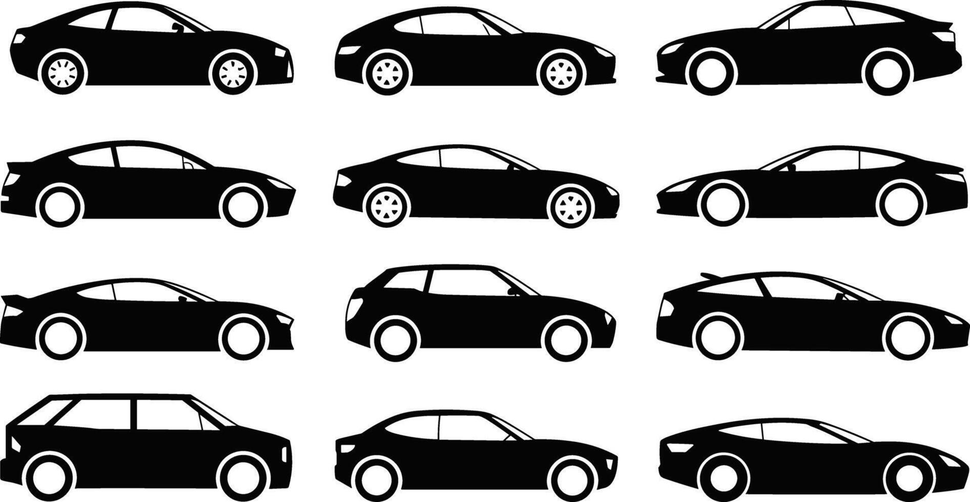 Modern Vehicle Silhouette Bundle with Sedan and Hatchback Car Icons in Black Style vector