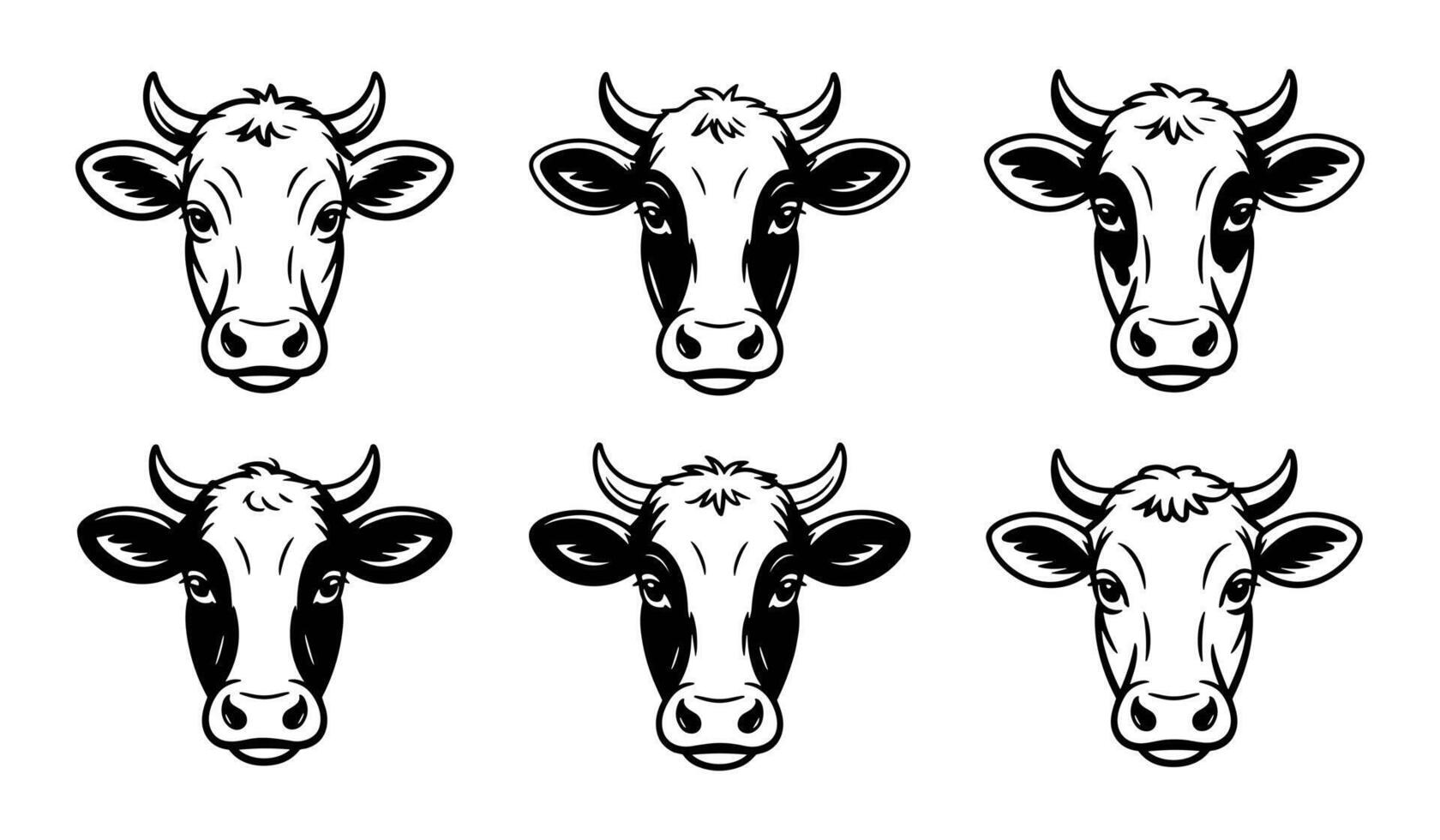 Set of Six Cartoon Cow Head Illustrations with Different Expressions vector