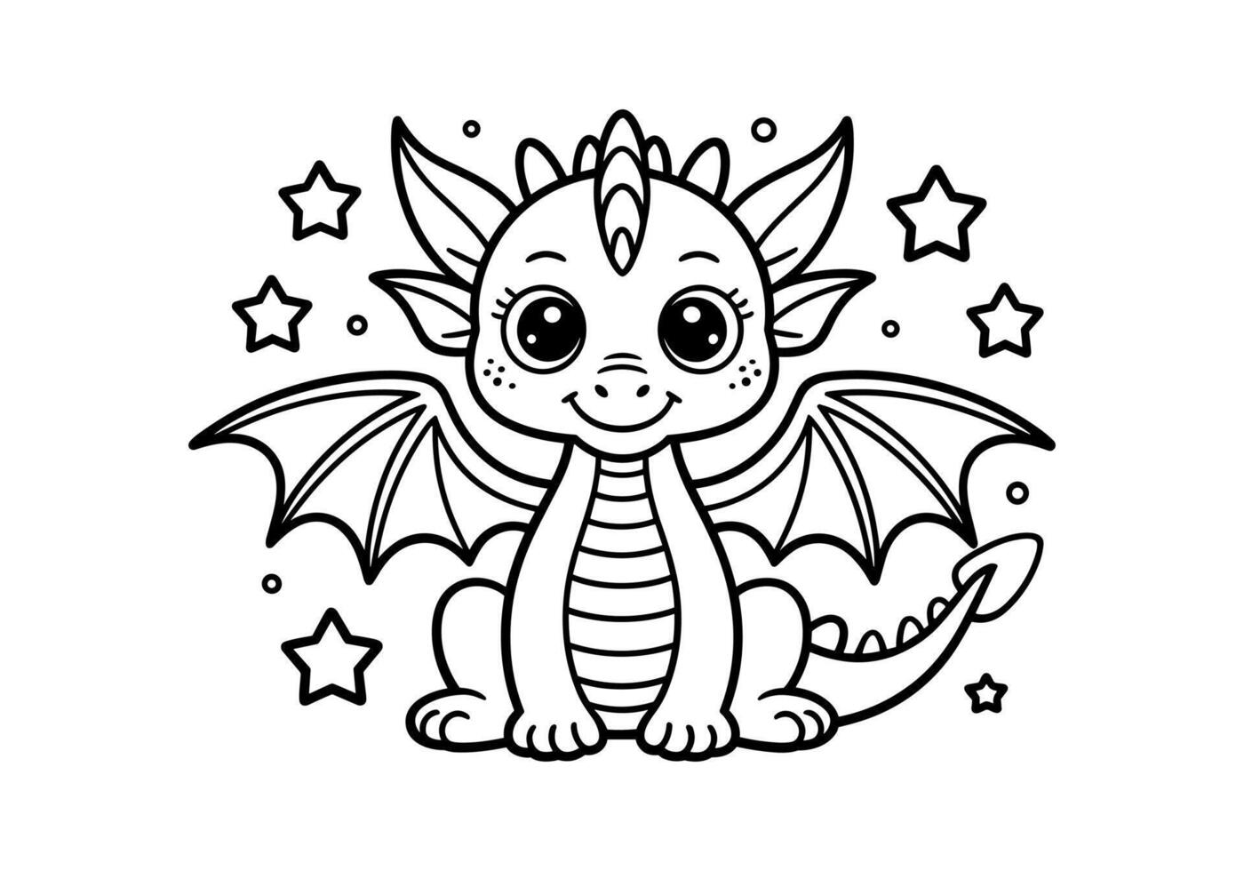 Adorable Baby Dragon Coloring Page for Kids with Stars and Wings vector