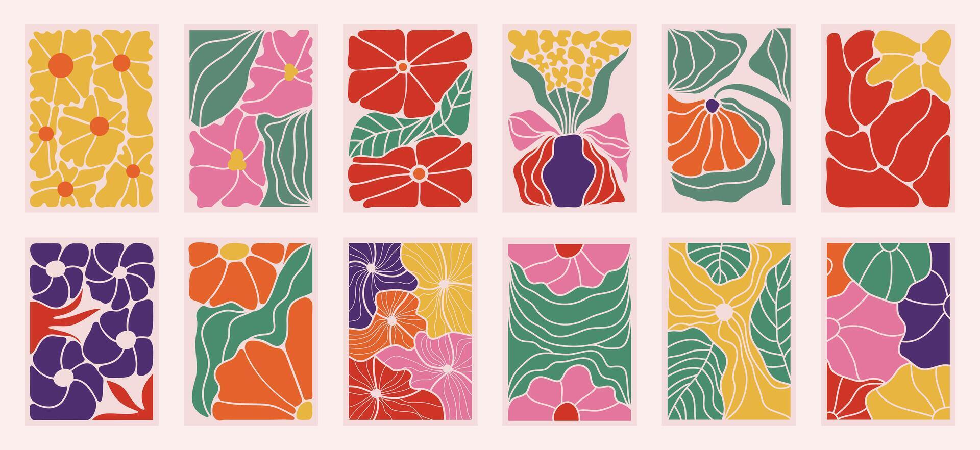Hand drawn Botanical and flowers doodle background set. vector