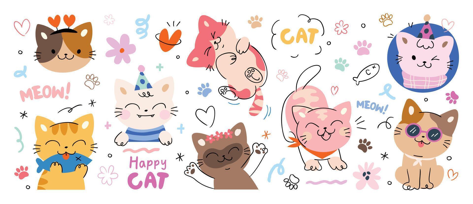 Cute cats and funny kitten doodle set. Happy international cat day characters design collection with flat color in different poses. Set of adorable pet animals isolated on white background. vector