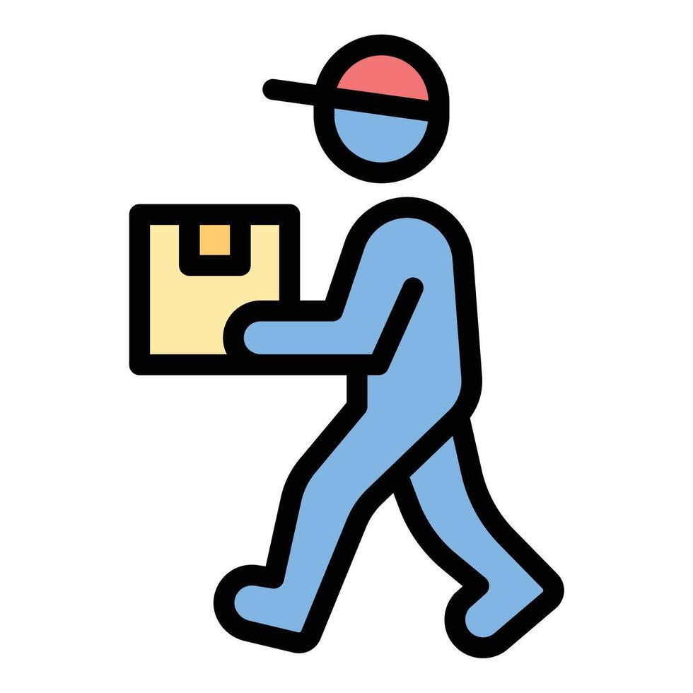 Delivery man icon flat line style illustration representing courier services and parcel distribution, suitable for logistics, e-commerce, and transportation-related projects vector