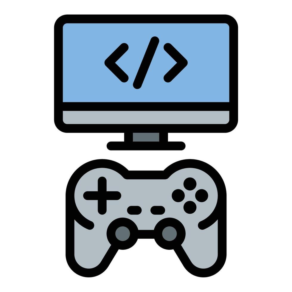 Game development icon flat line style illustration representing the creation and design of games, suitable for software development, entertainment, and technology-related projects vector