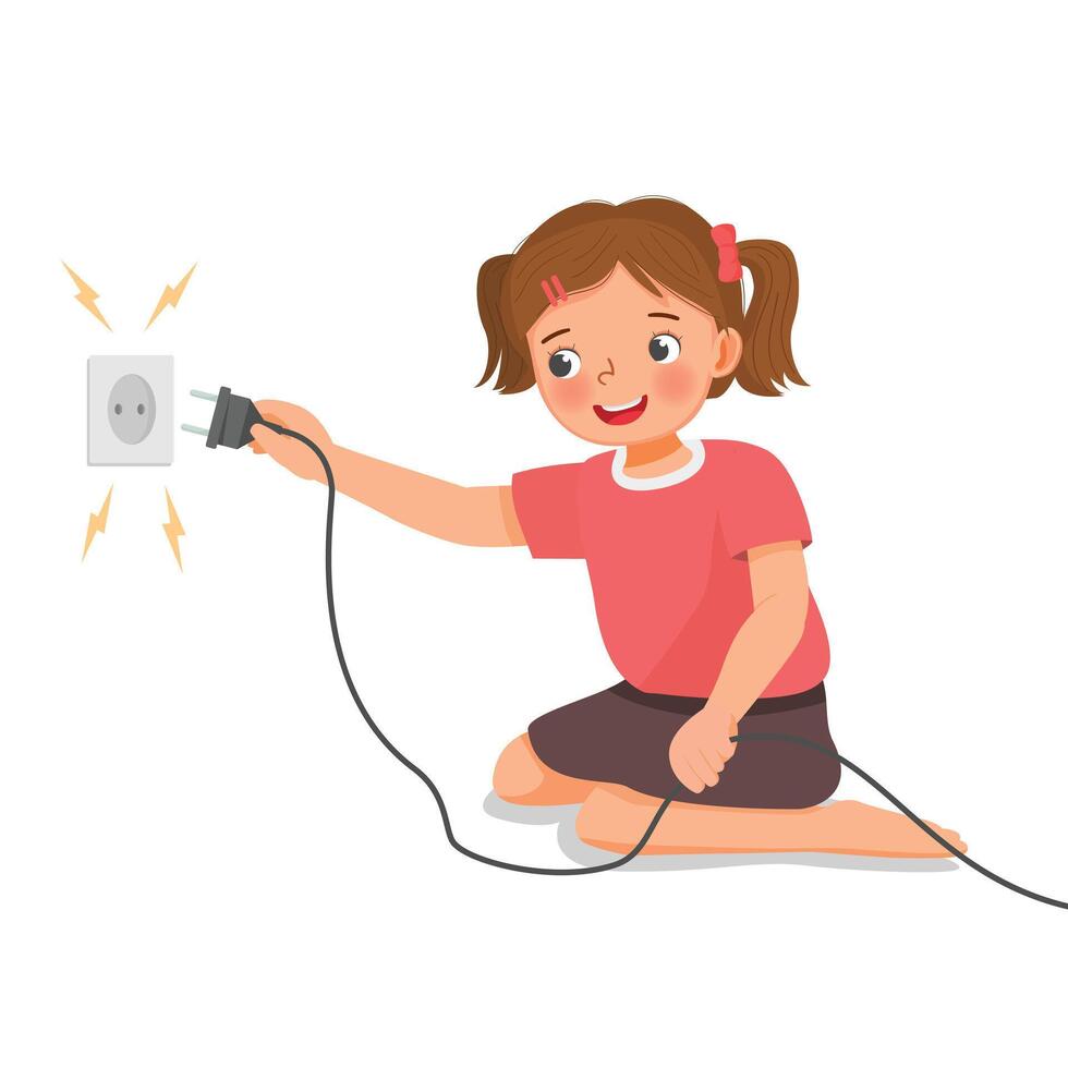 Little girl play with electricity put a plug into socket vector