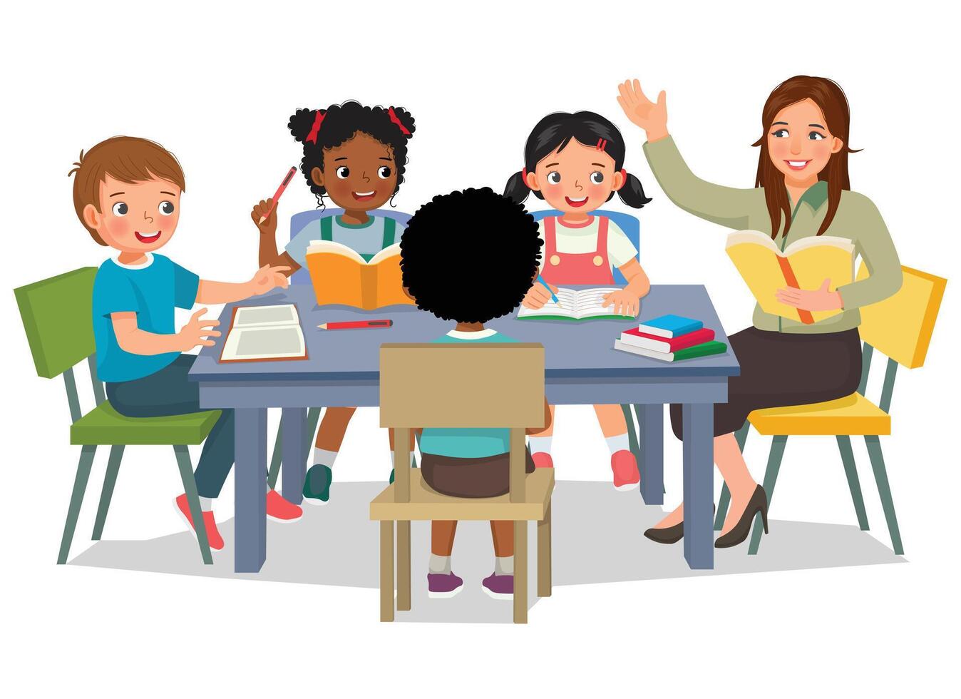 Female teacher teaching explaining and discuss lesson with her students at the table vector
