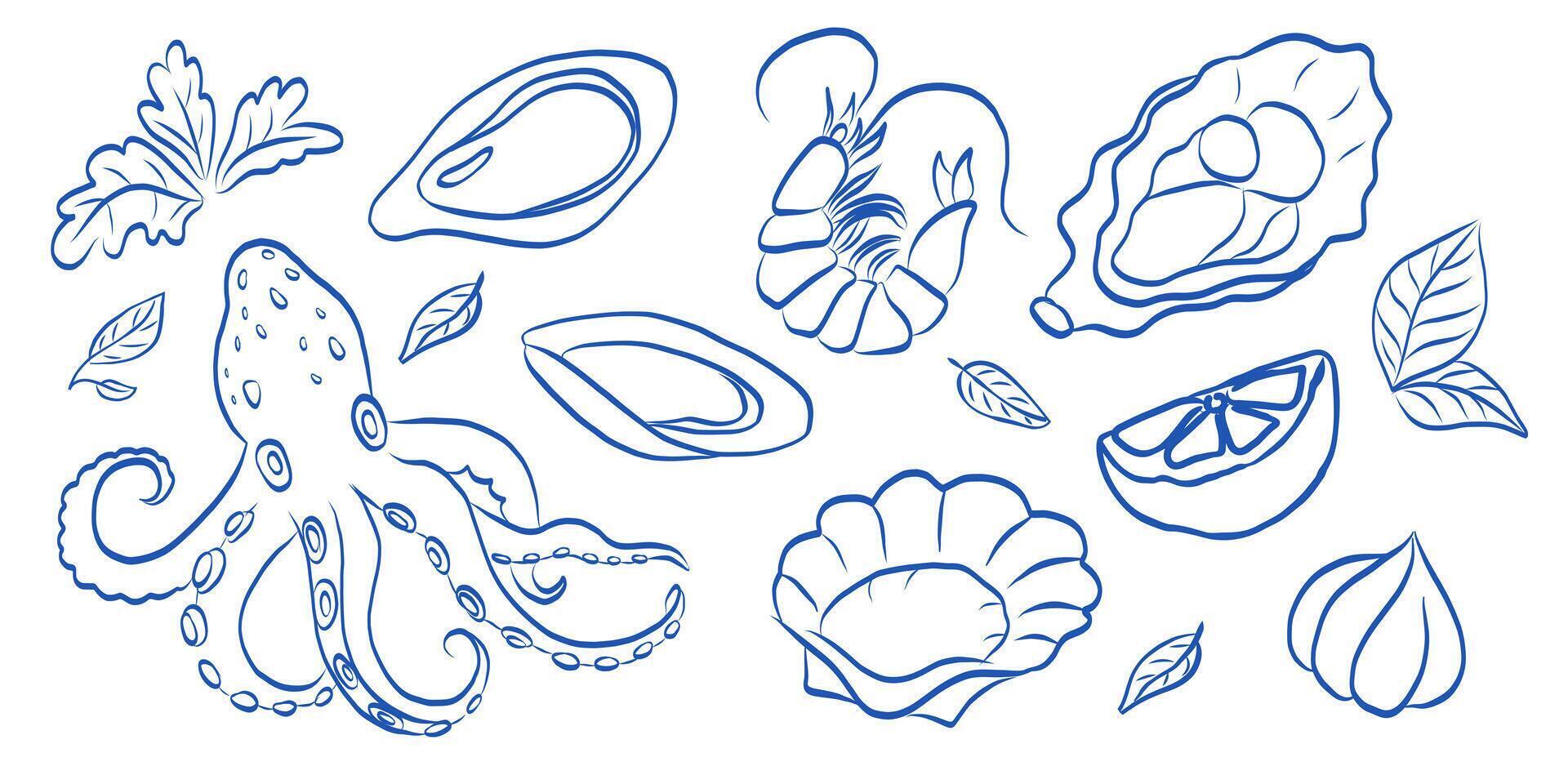 A beautifully stylized collection featuring various sea creatures and shellfish designs vector