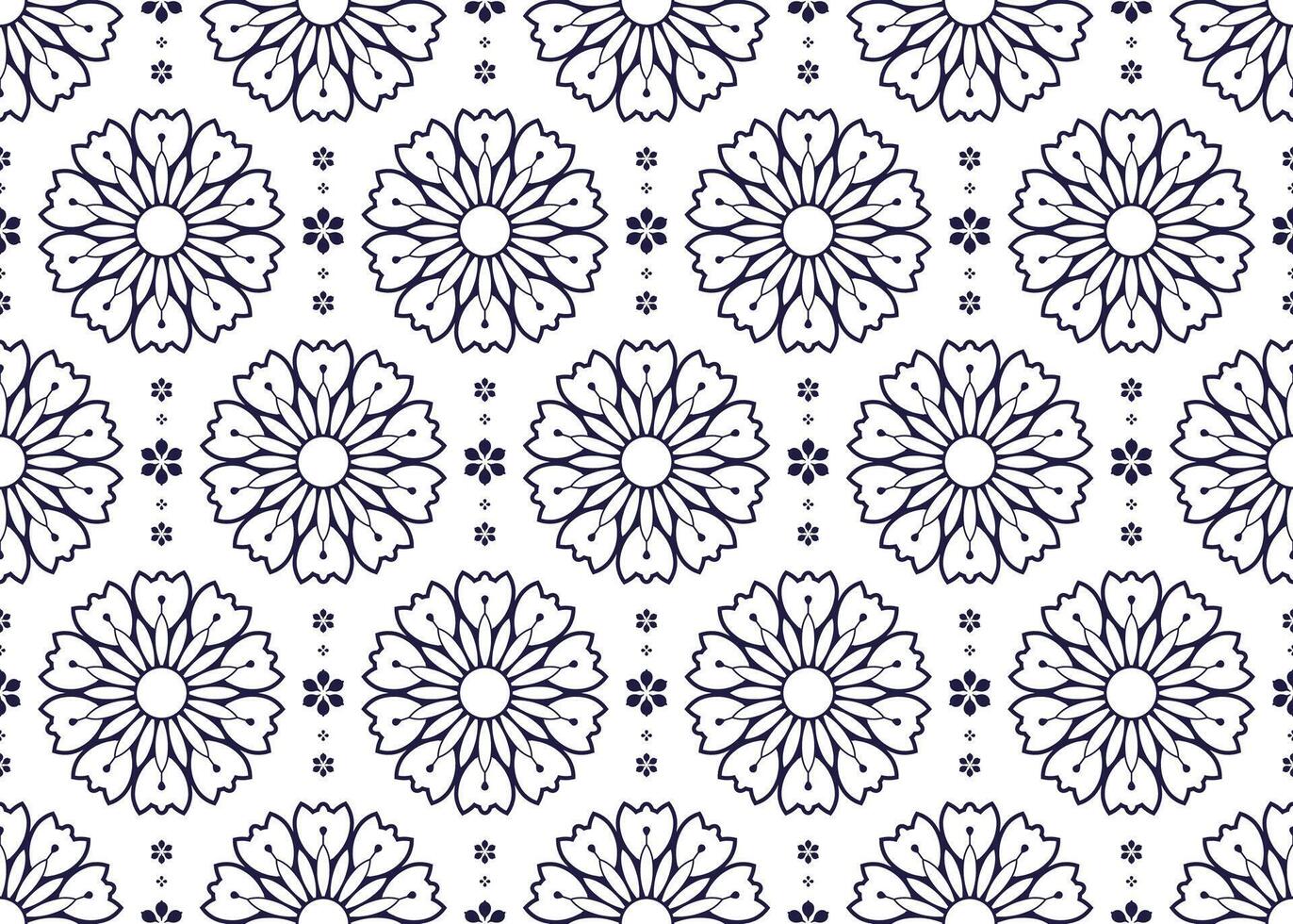 Seamless dark blue lotus blooming on white background, ethnic fabric seamless pattern, design for cloth, carpet, batik, wallpaper, wrapping etc. vector