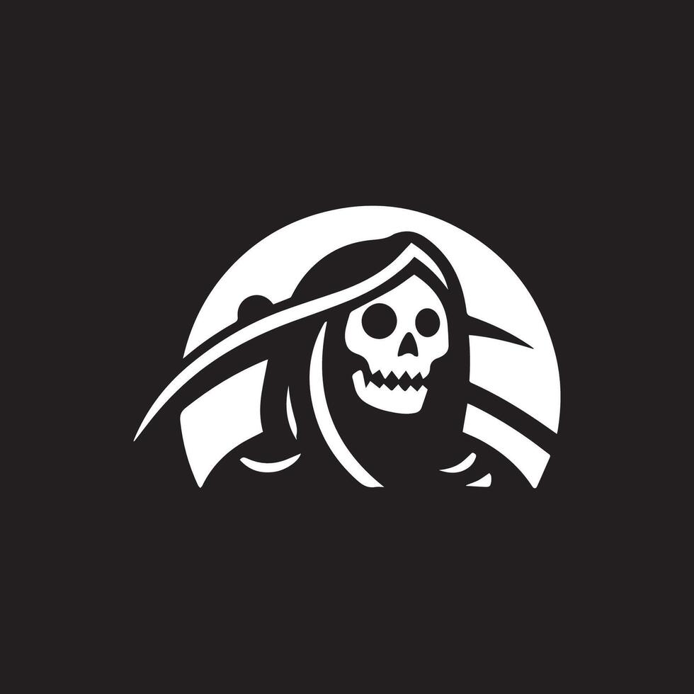 a black and white logo with a skull and a scythe vector
