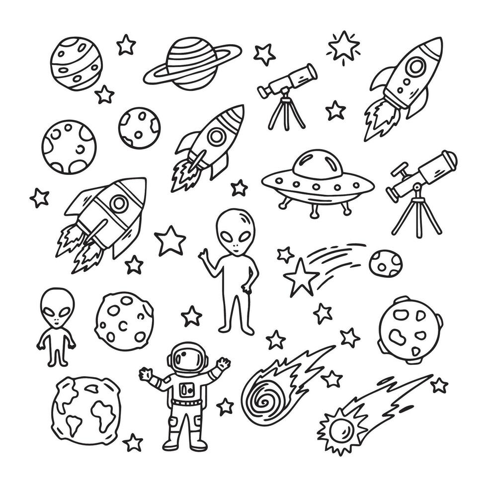 Hand drawn doodle space icons set. illustration. Isolated on white background. vector
