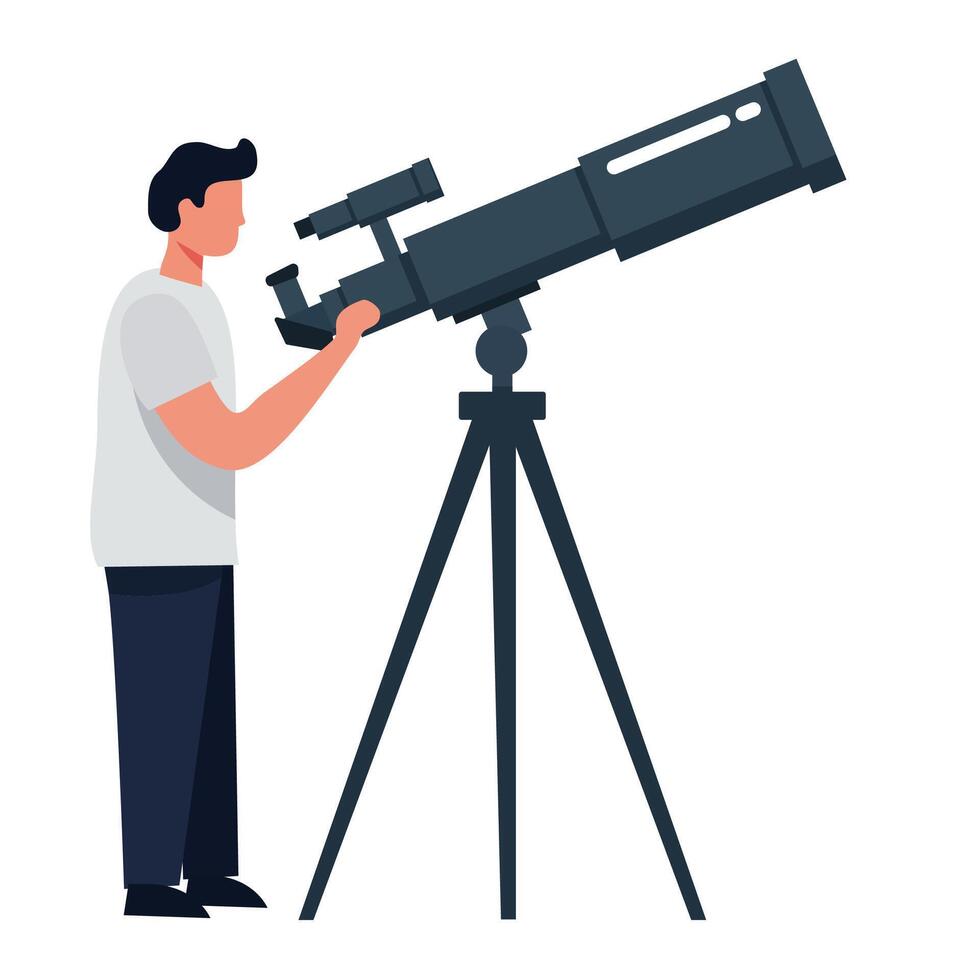 A scientist looks through a professional telescope vector