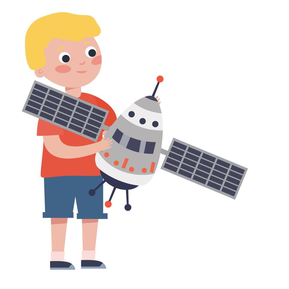 A boy holding a toy space station in his hand vector