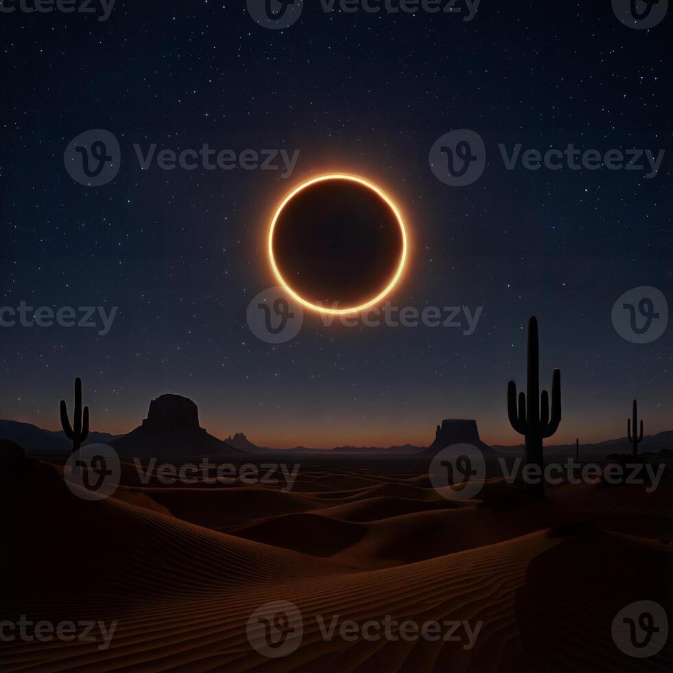 The eclipse is seen over the desert with cactus trees photo