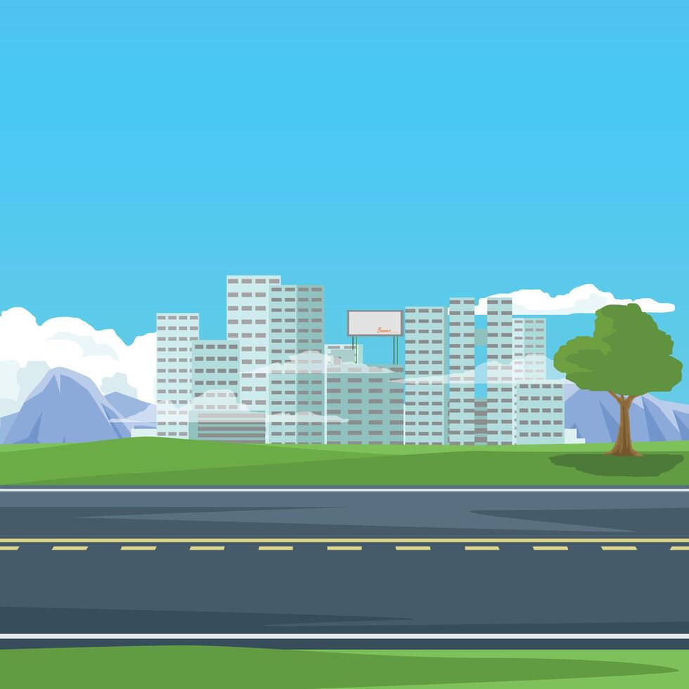 poster of a square illustration. Asphalt road cut through green grass on the side. Tall buildings and city background. Tall mountains and blue sky with white clouds. vector
