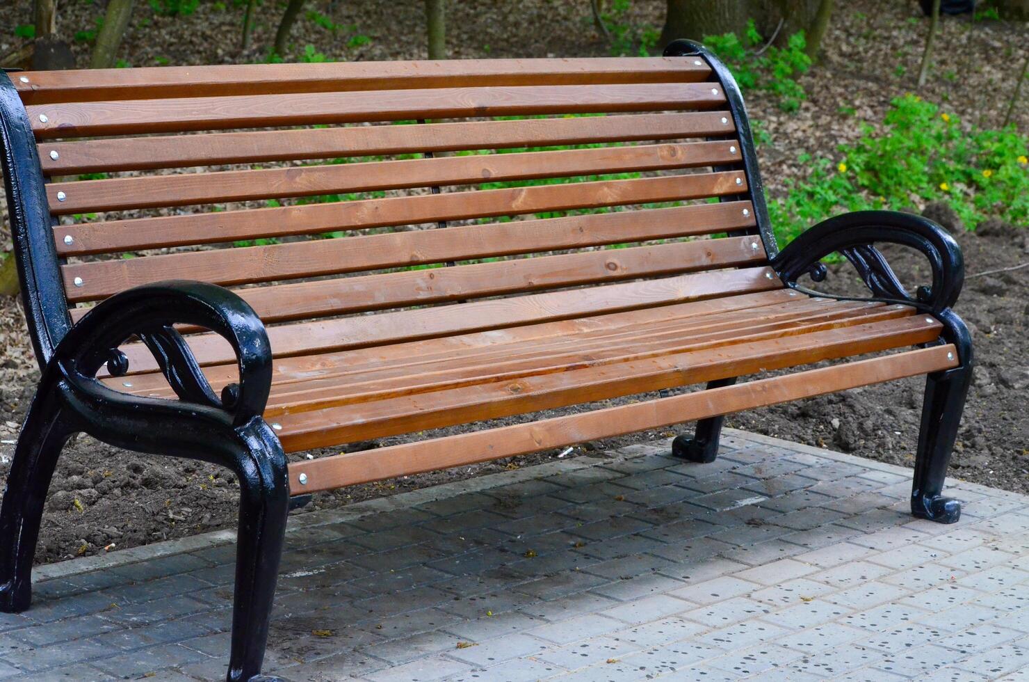 A wooden bench with black arms sits on a brick sidewalk. The bench is empty and he is in a park or a public area. The contrast between the wooden bench and the black arms creates a sense of balance photo