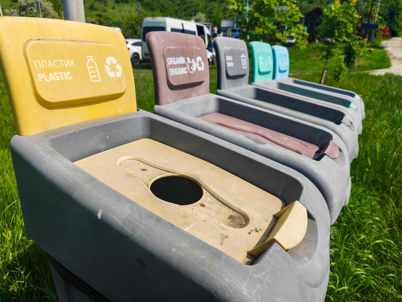 A row of trash cans with one labeled Plastic. The trash cans are lined up in a grassy area photo