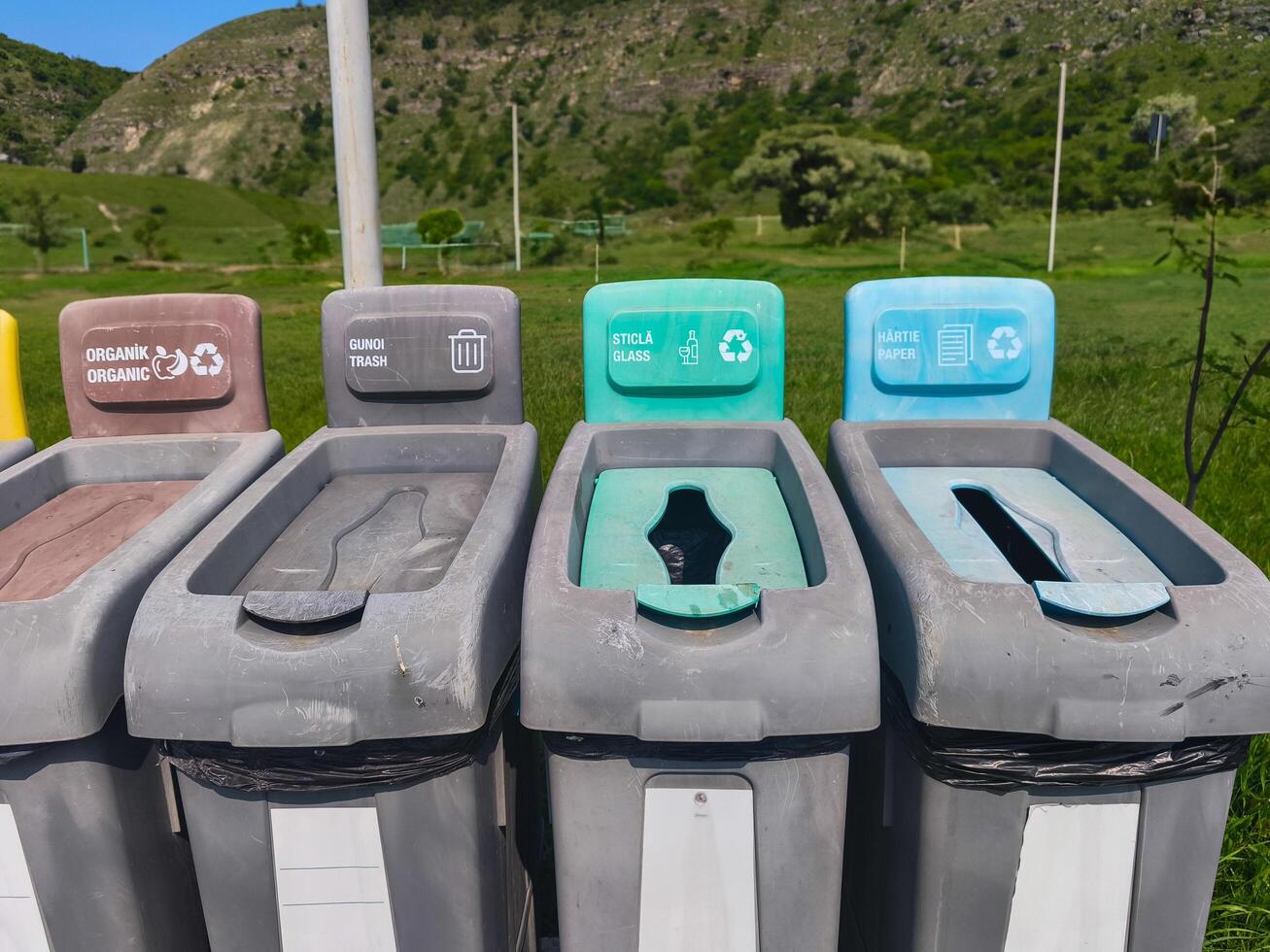 A row of trash cans with different colored lids and signs on them. The trash cans are labeled for different types of waste, such as glass, paper, and plastic photo