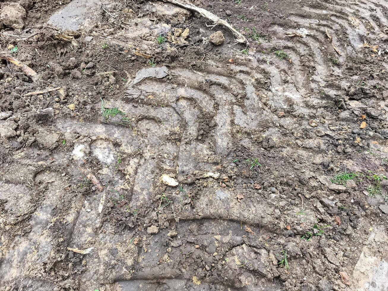 The dirt is muddy and has tire tracks in it. The tire tracks are in a zigzag pattern photo