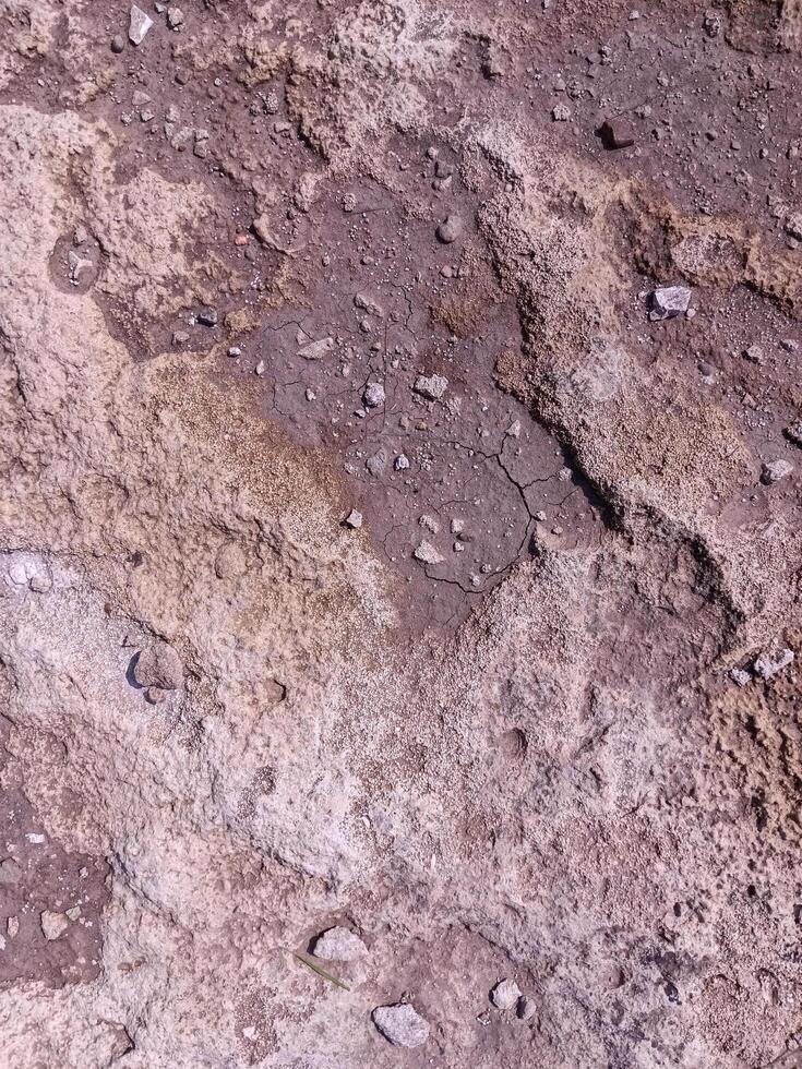 A rocky surface with a few small rocks scattered about. The surface is rough and uneven, with some areas appearing to be more worn down than others. Scene is somewhat desolate and rugged photo
