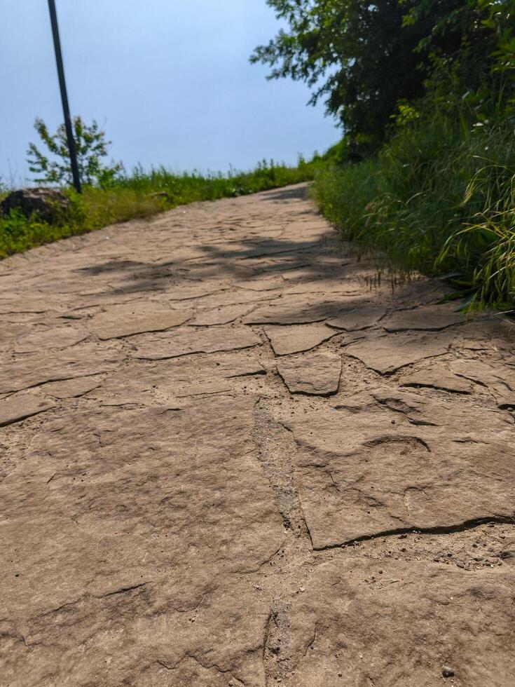 A path with a lot of cracks and dirt. The path is not very well maintained photo
