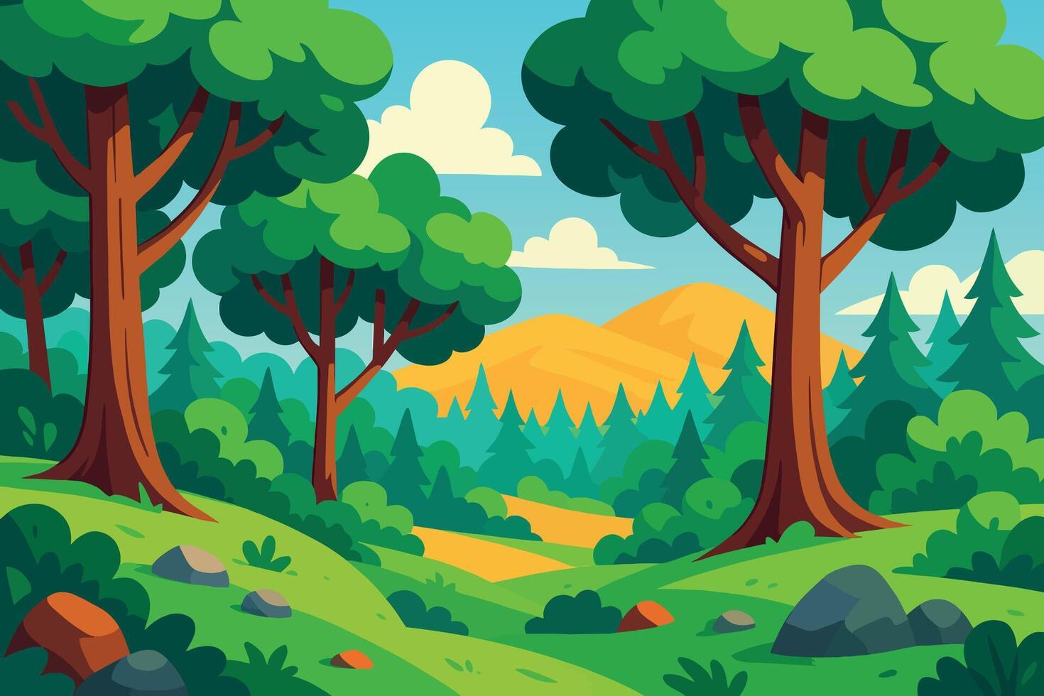 Cartoon forest landscape with lush trees and rolling hills under a sunny sky. vector