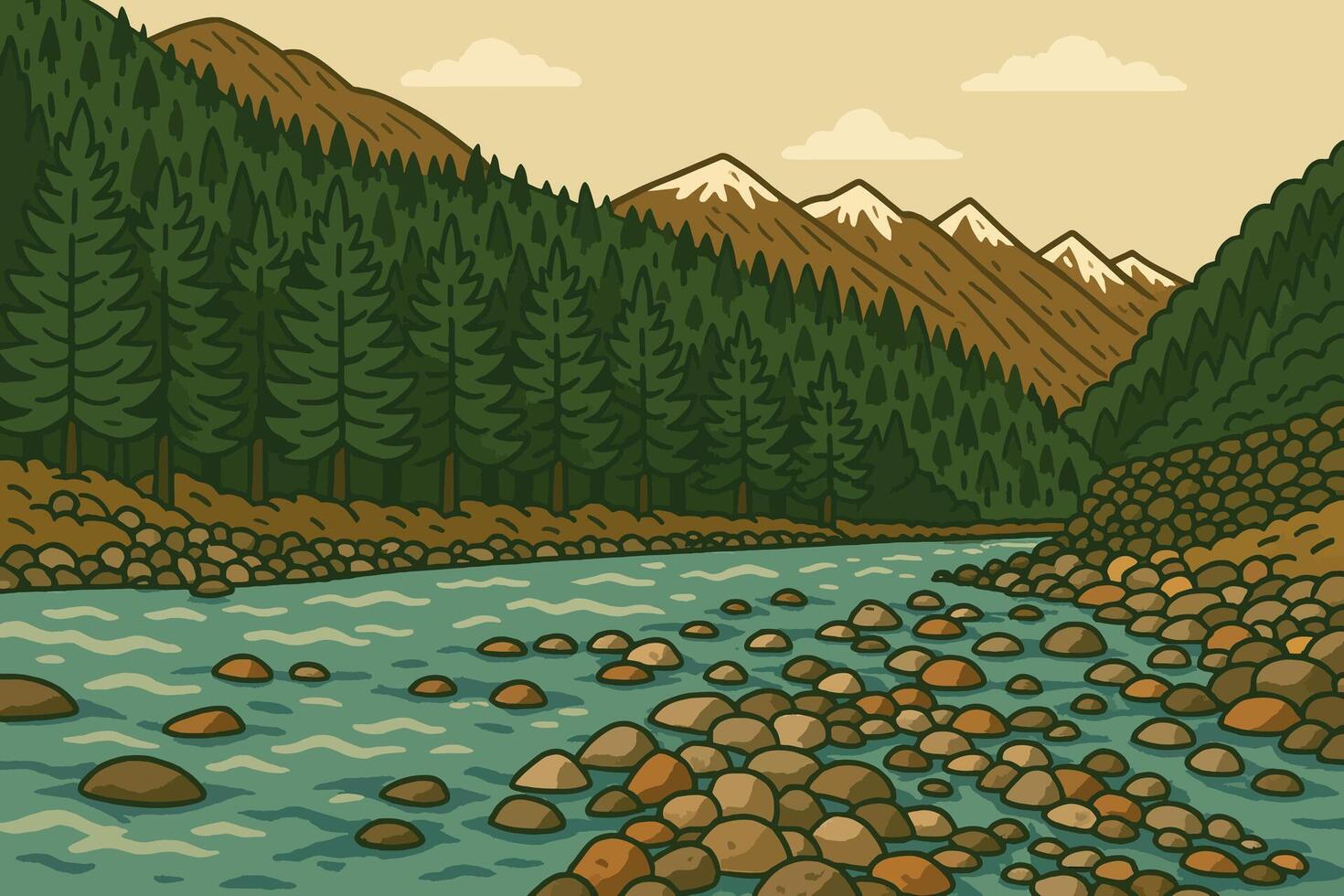 Illustration of a Forest Stream with Rocky Shore and Snowy mountain vector