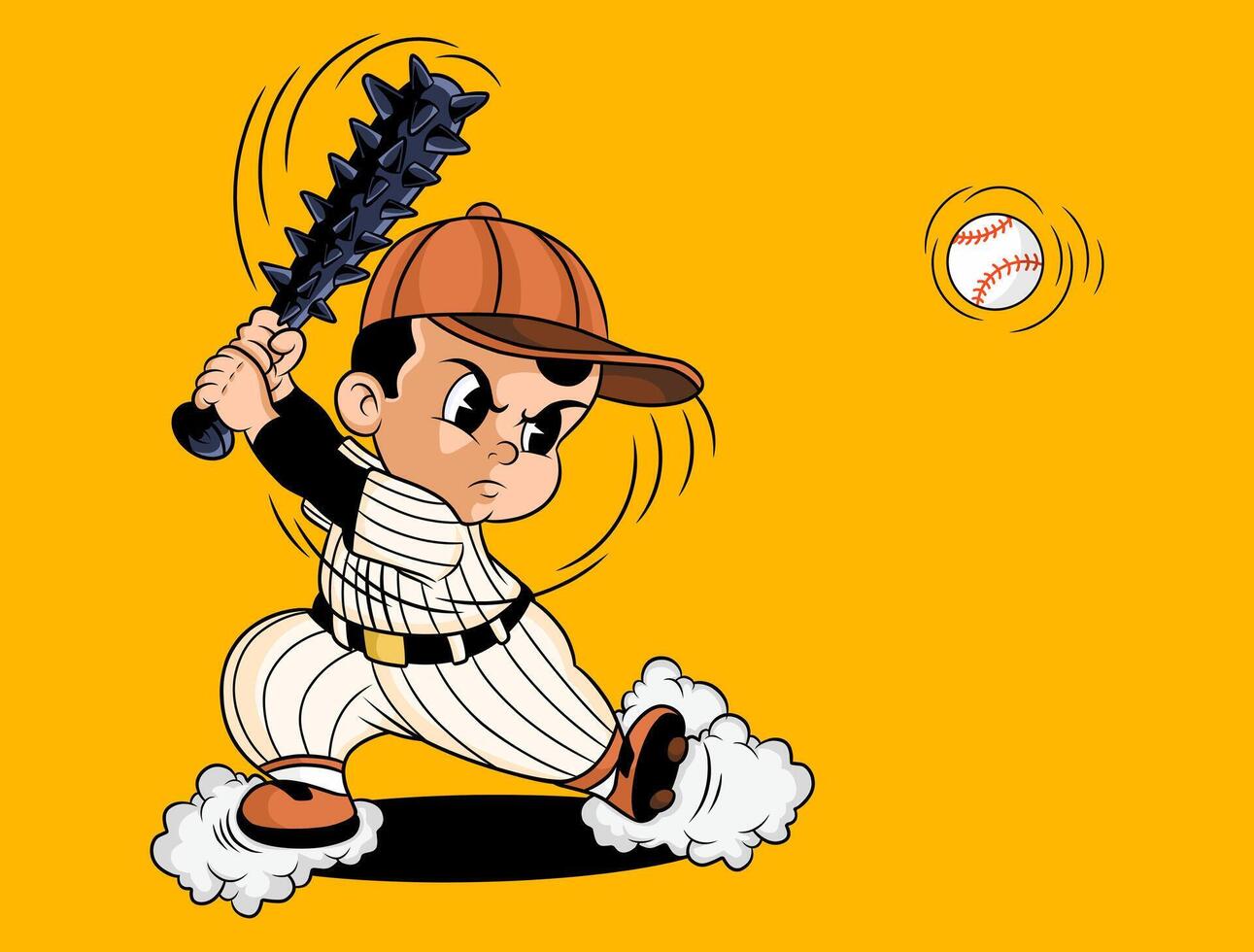 Retro baseball batter kid play with a spiked bat ready to swing, as he takes aim at the incoming ball. vector
