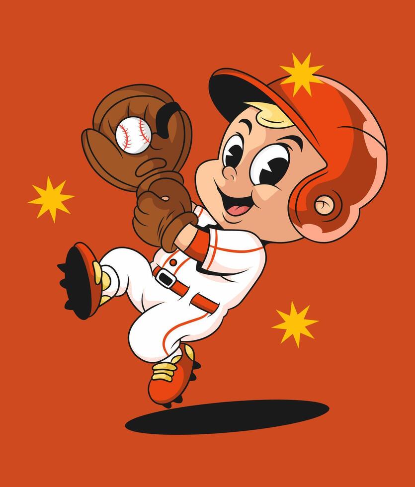 Dynamic retro cartoon featuring a happy kid catcher with a baseball in his mitt. vector