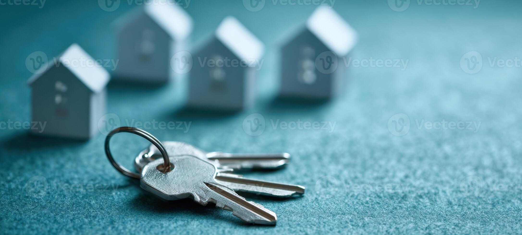 The keys representing new home ownership against small house models. photo