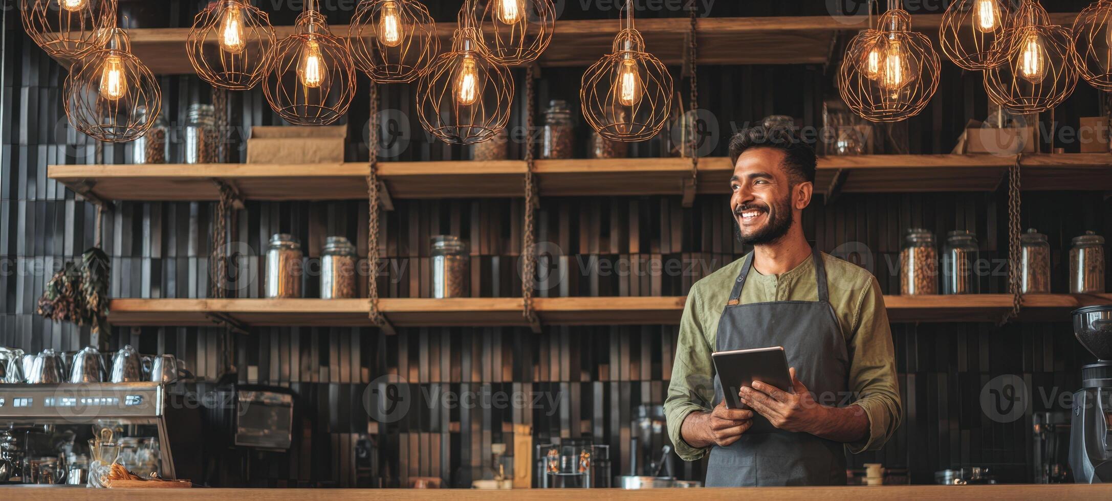 A man in apron is standing in front of a bar with a tablet photo