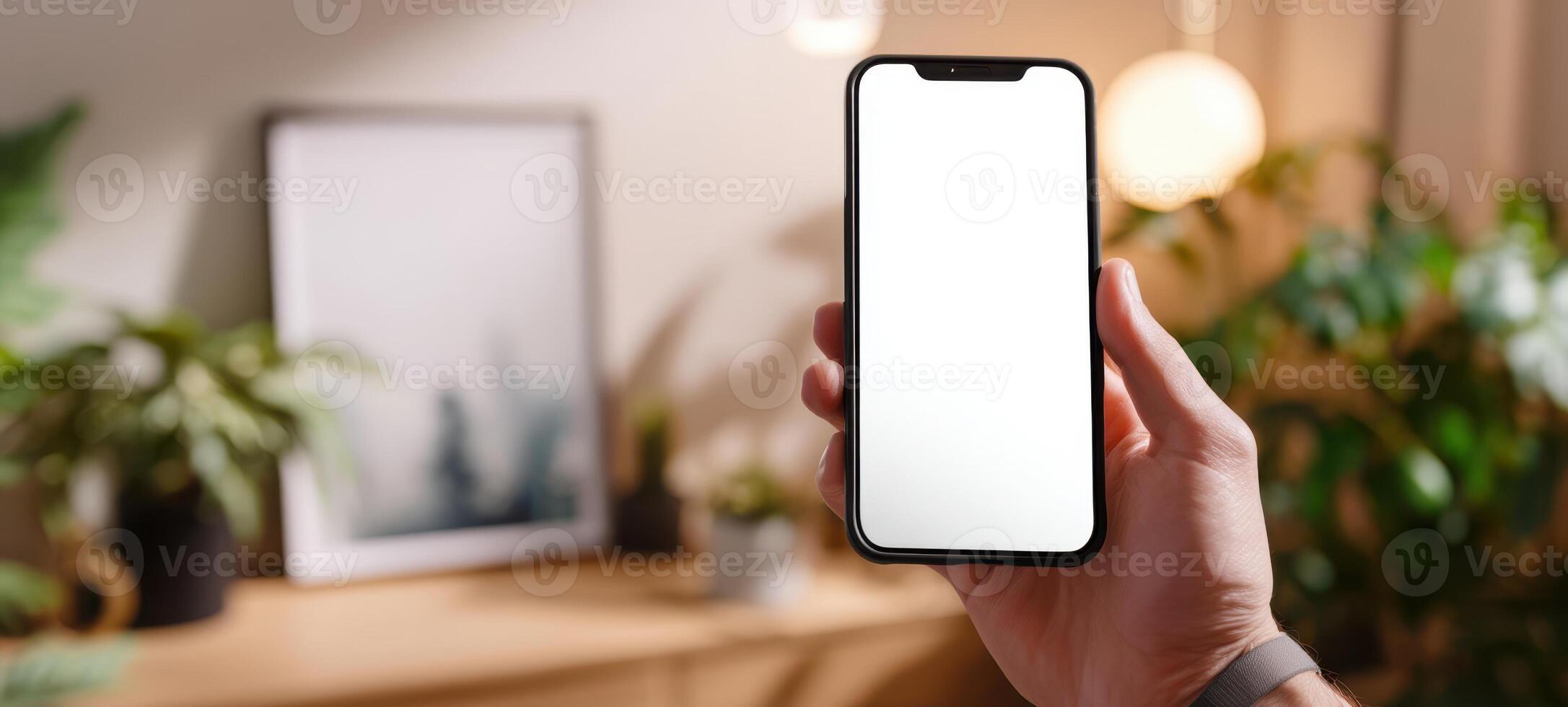 The smartphone held in a hand against a stylish modern interior background photo
