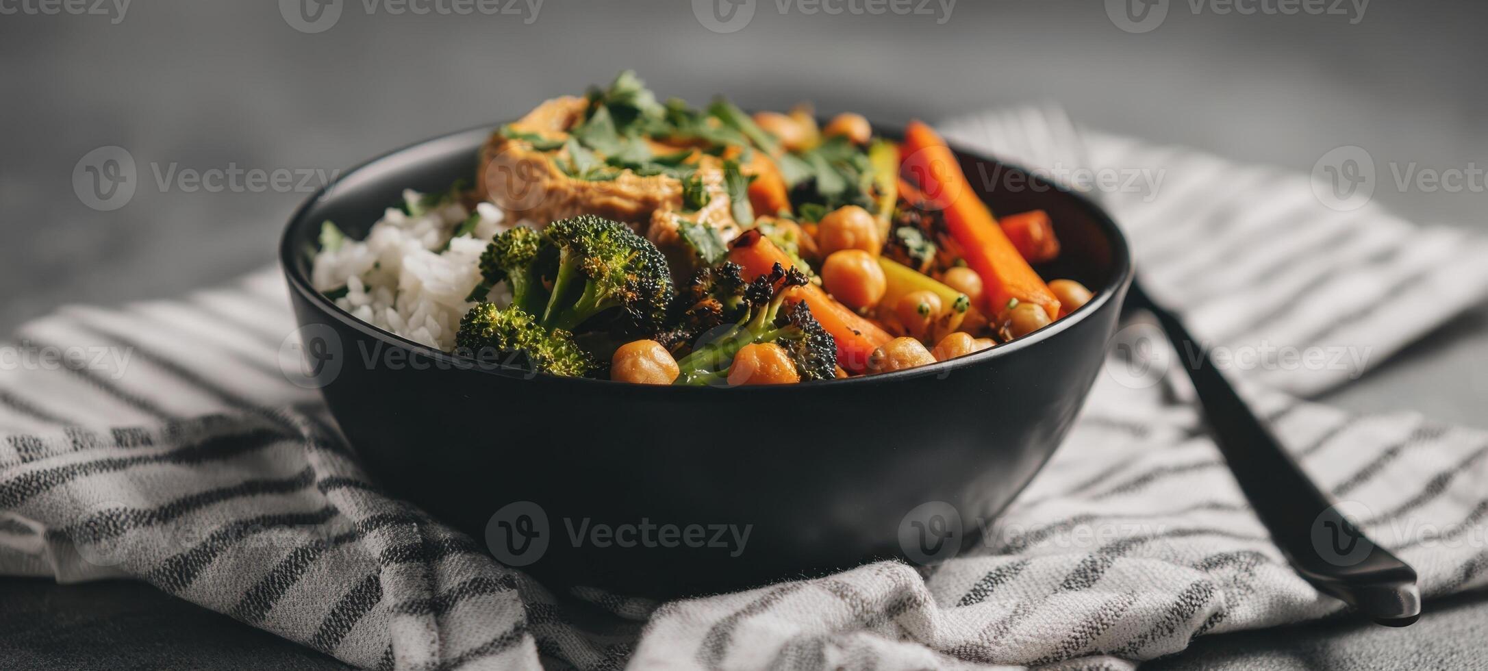 The vibrant bowl of colorful vegetables and rice on a striped cloth. photo