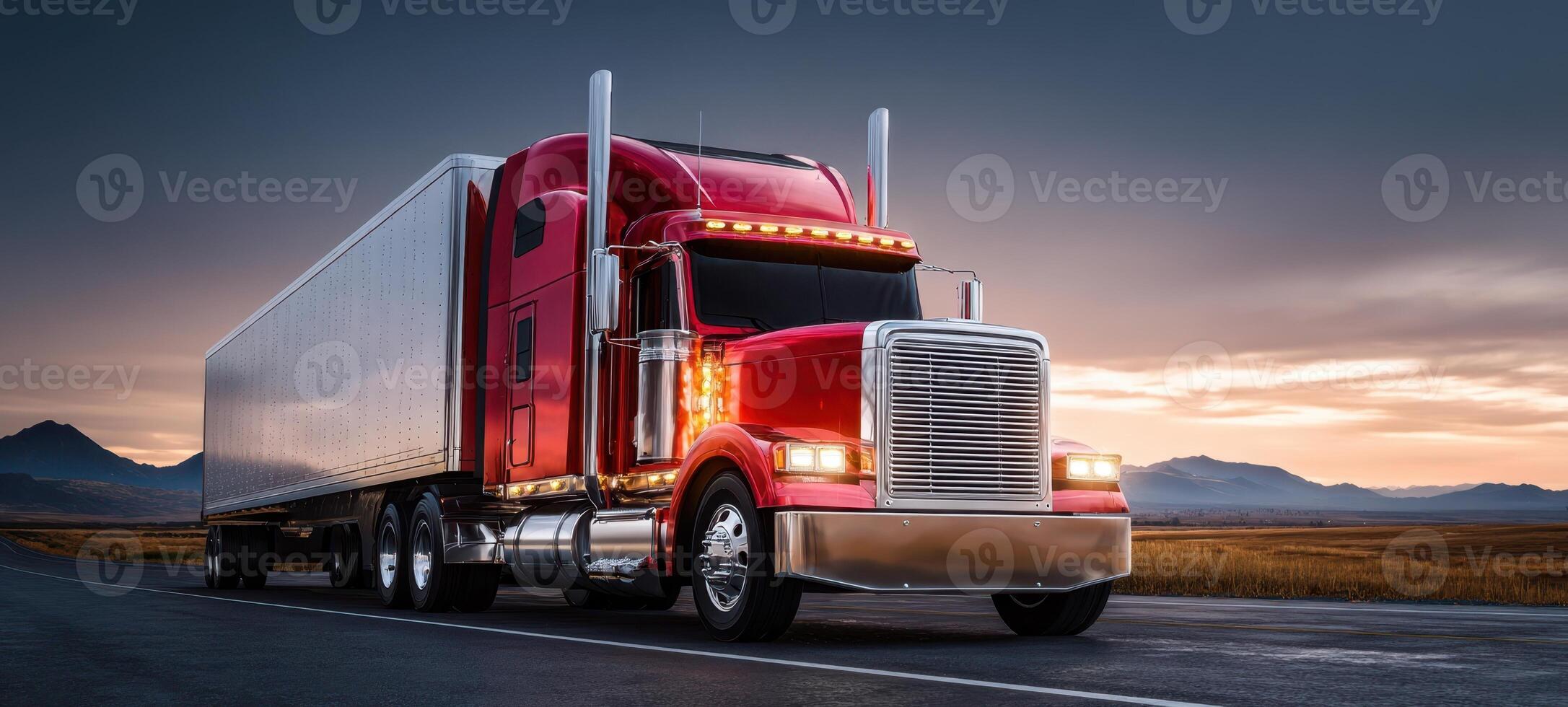 The red truck parked on highway during a scenic sunset landscape. photo
