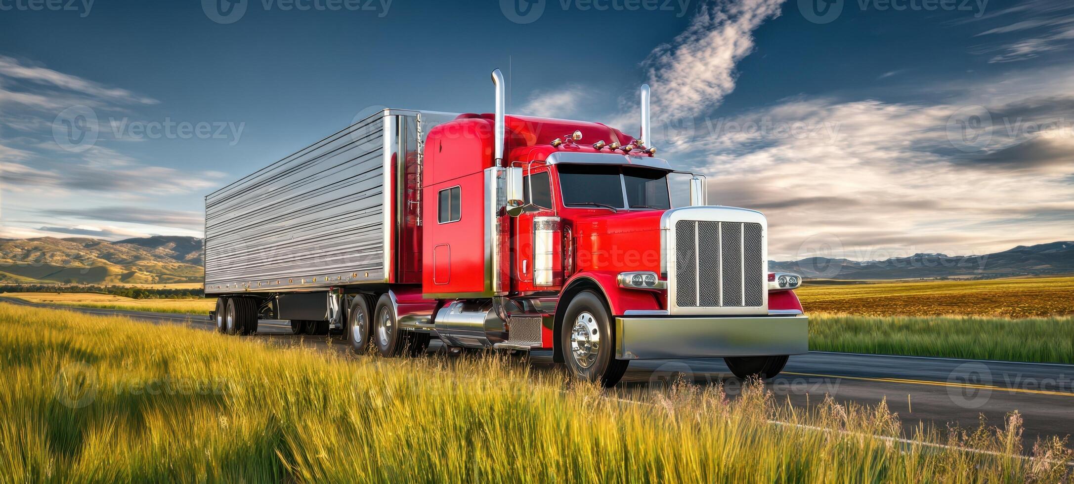 The Red Truck Driving Through a Beautiful Countryside Landscape photo