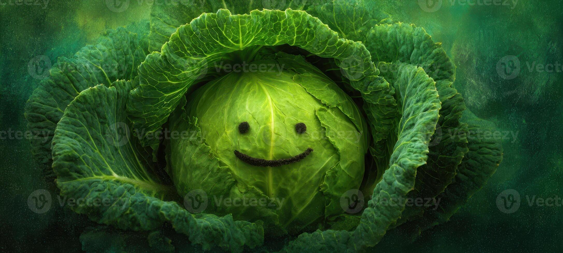 The joyful cabbage smiling with a whimsical face among lush green leaves. photo