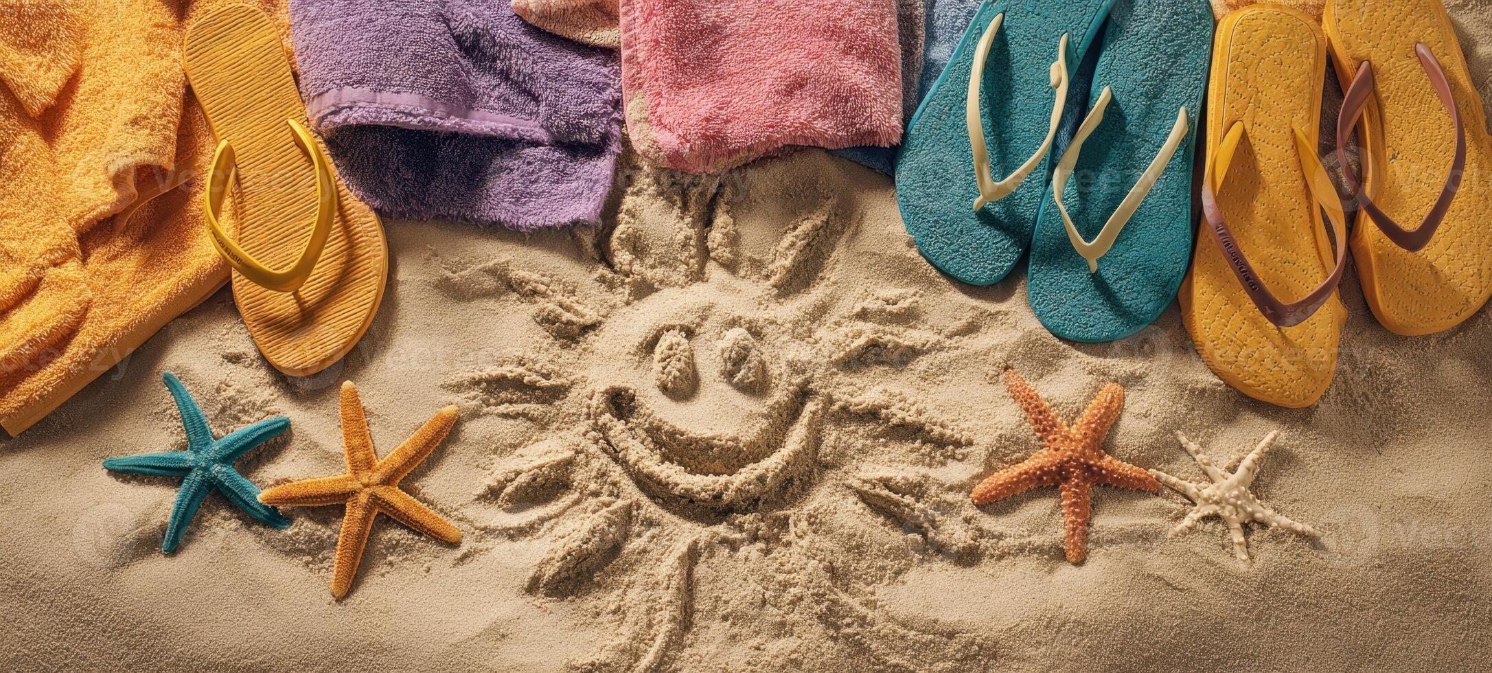 The cheerful scene of a sunny beach with colorful towels and flip-flops. photo