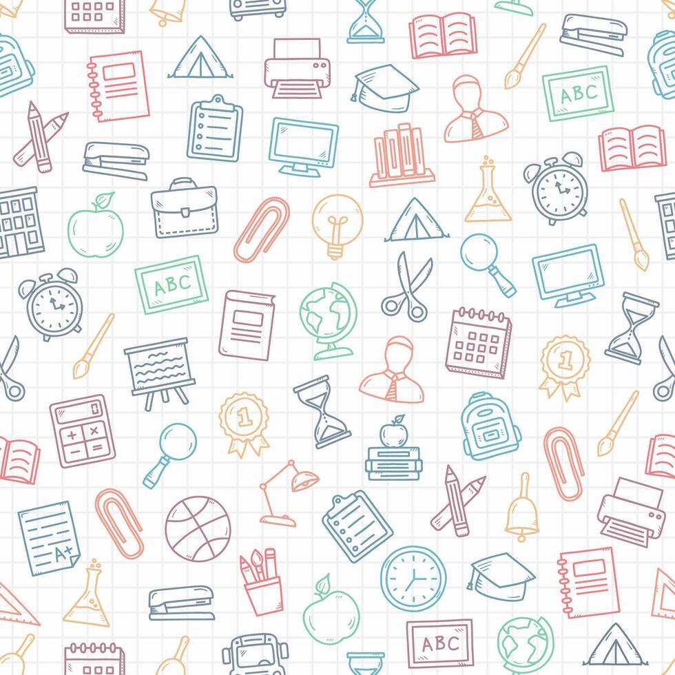 Square seamless pattern with handdrawn colored school icons on paper background vector