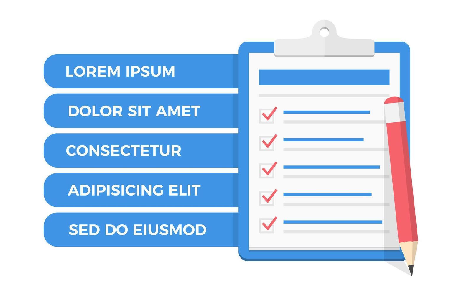 Check list on clipboard with five check boxes, red pencil and place for your text vector