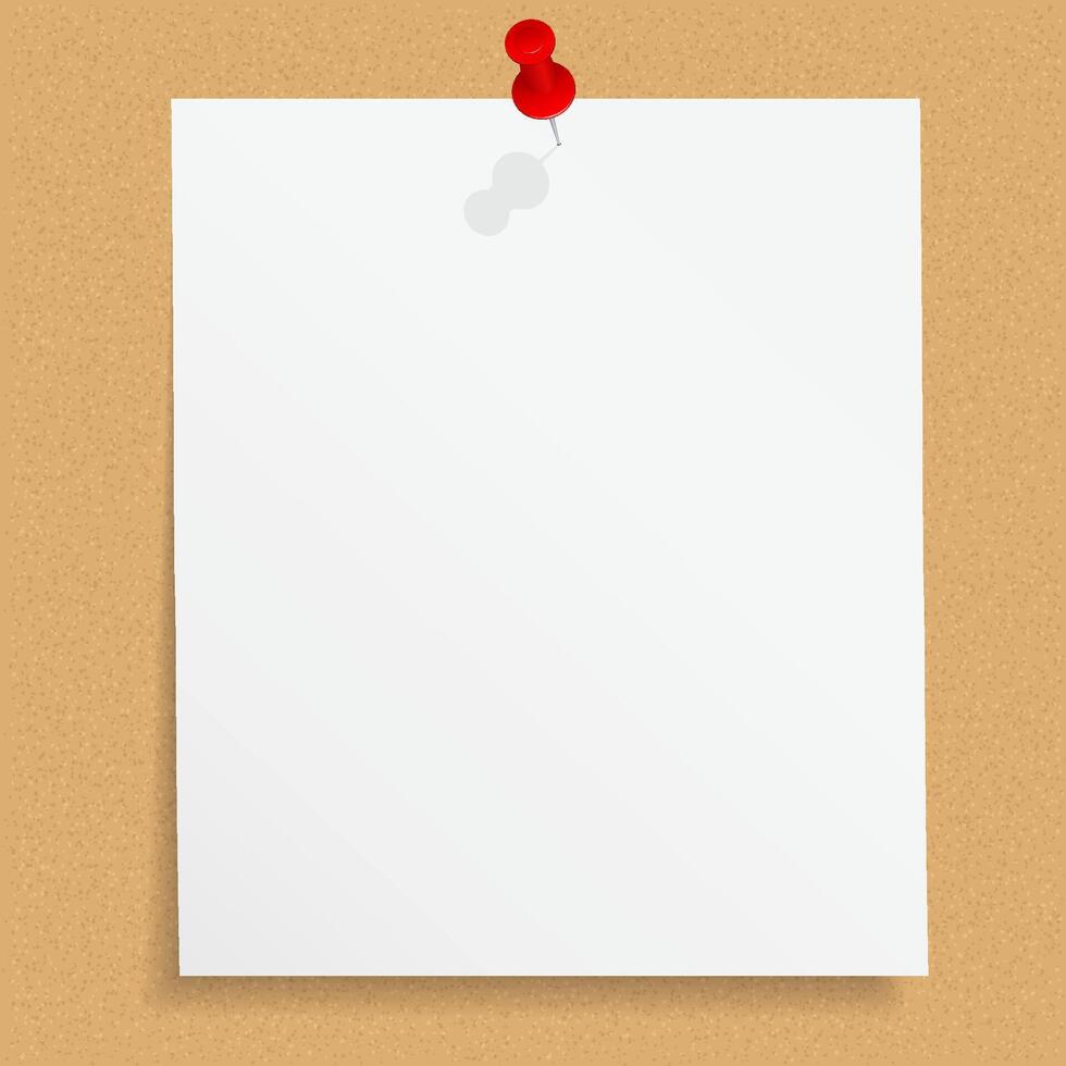 Blank paper note with push pin on bulletin board vector