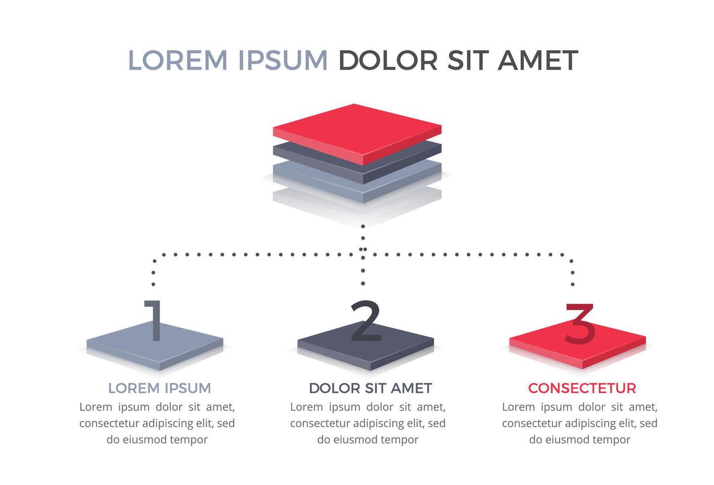 Diagram with 3 elements with 3D squares, flowchart with 3 elements vector