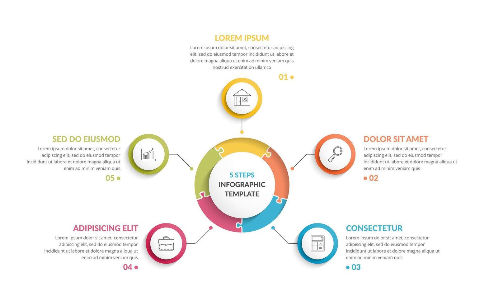 Circle infographic template with round puzzle with five steps or options, process chart, creative business infographics vector