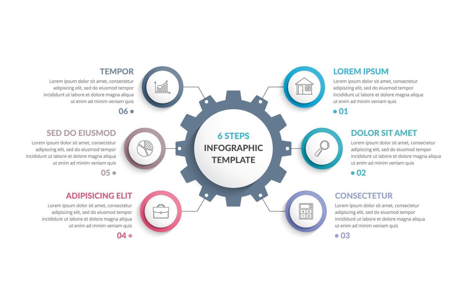 Infographic template with gear with six elements, steps or options vector