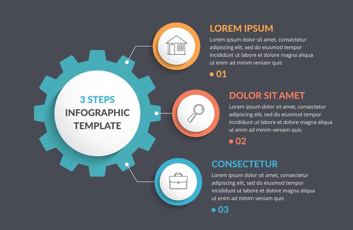Infographic template with gear with three element, dark background vector