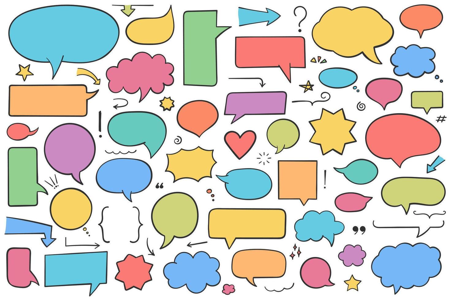 Collection of hand drawn speech bubbles, arrows and other design elements, solid shapes, bright colors for white text vector