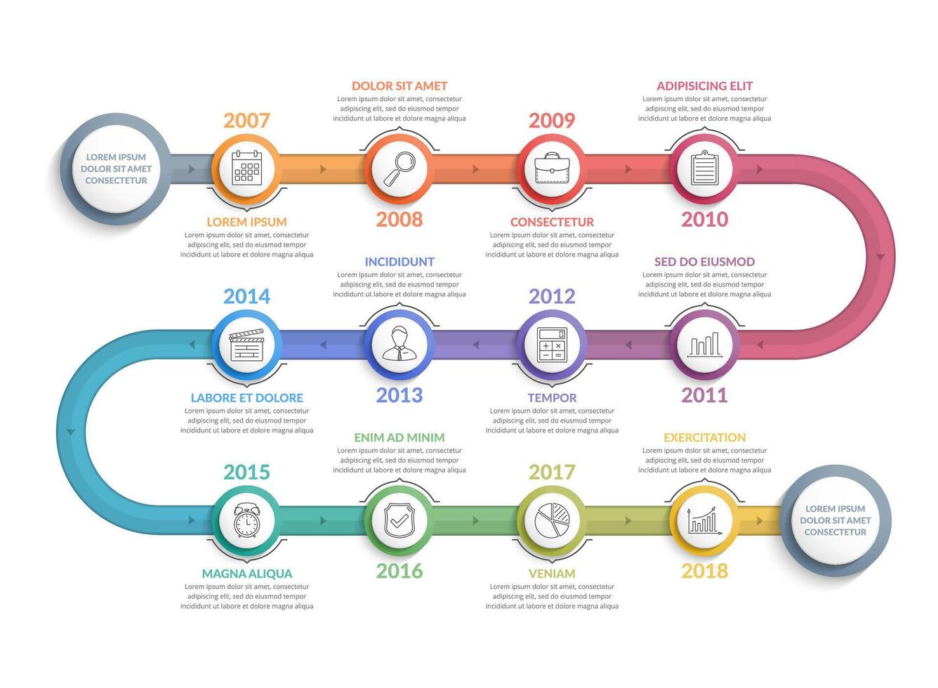 Colorful timeline infographics template with 12 steps, workflow, process, history diagram vector